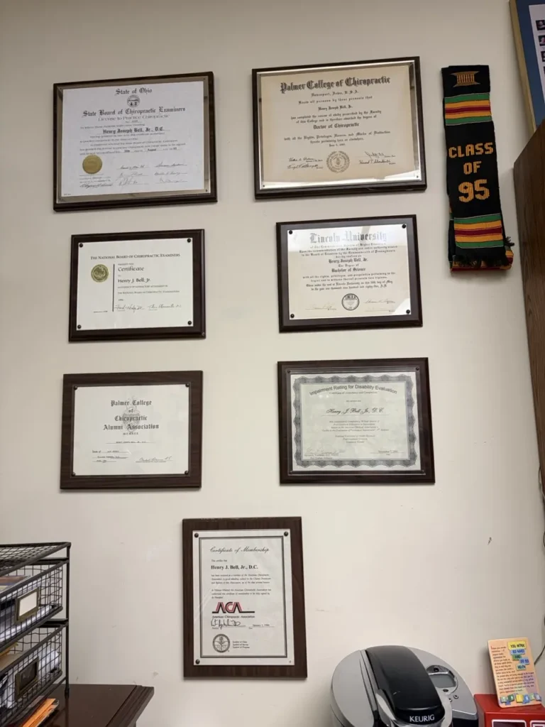 Dr. Bell's diplomas, license and certificates on his office wall